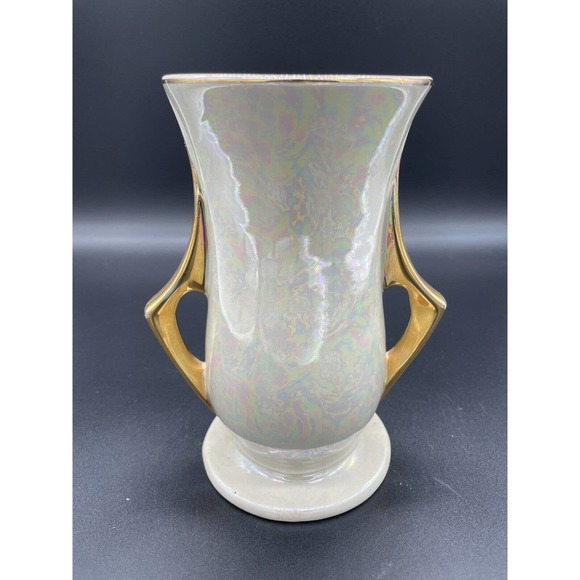 Vintage Iridescent Pearlescent Gold Lusterware Vase Hand Decorated 22KT 7” - Picture 1 of 11